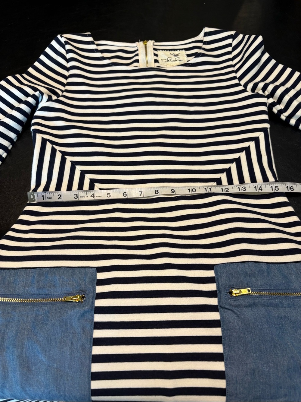 Tabitha Black and White Striped Midi Dress with Denim Patch Pockets - Picture 10 of 13